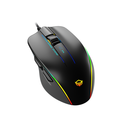 Black wired gaming mouse angled view with RGB strip lighting along the top shell