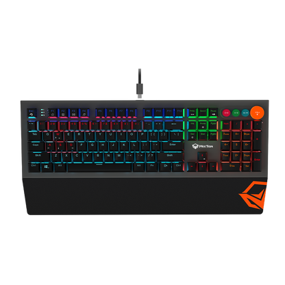 Wired mechanical keyboard with RGB backlit keys and colorful round control buttons