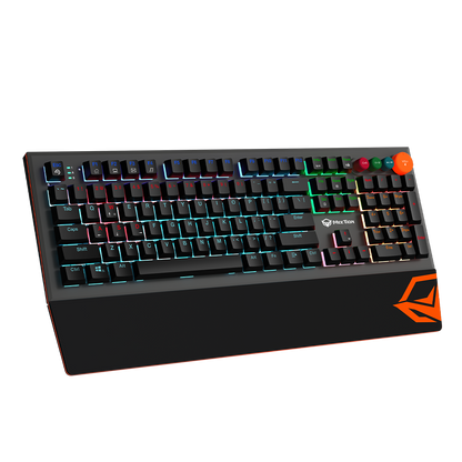 Wired mechanical keyboard with RGB backlit keys and orange logo on front edge