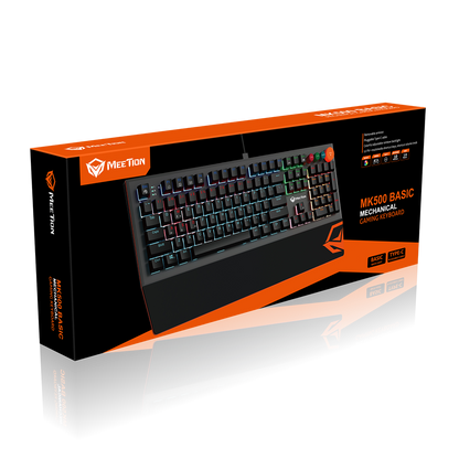 Meetion MK500 Basic wired keyboard box packaging with illustrated RGB keyboard