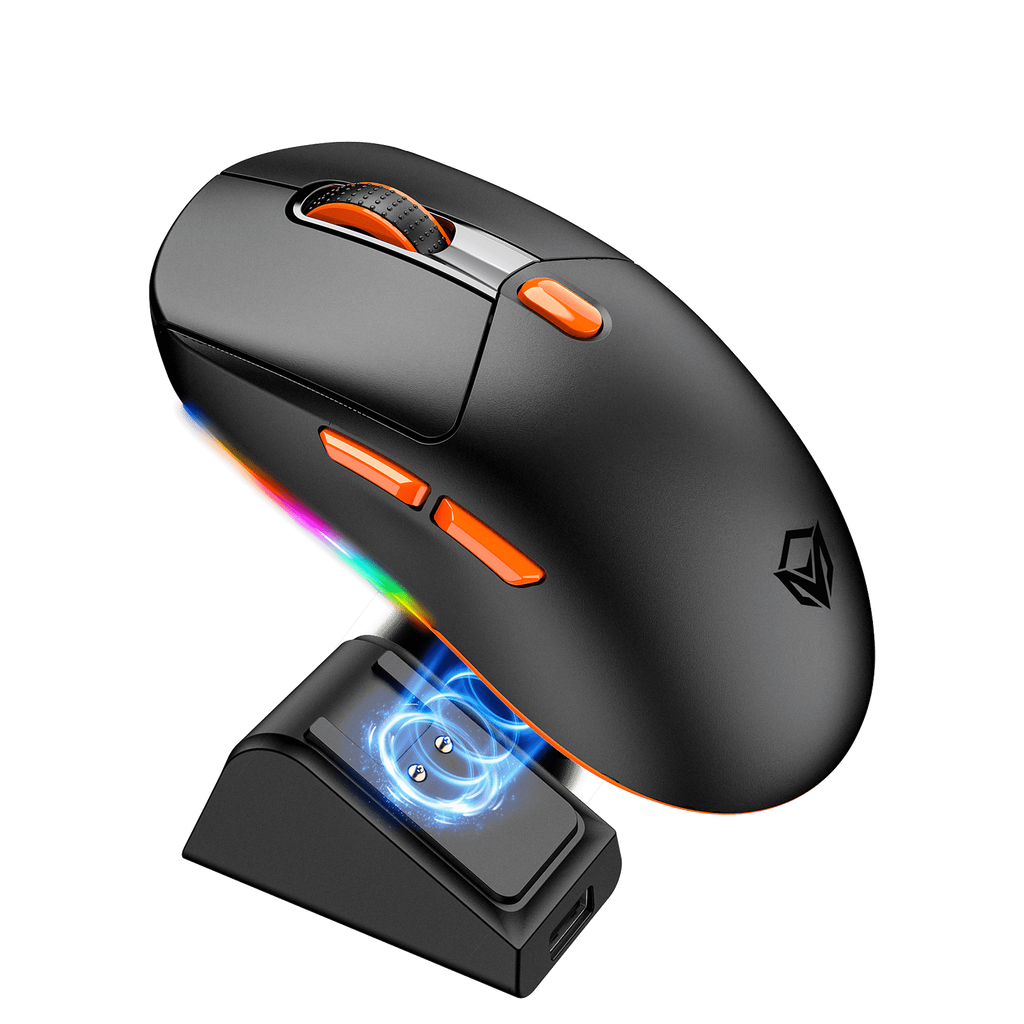 Black gaming mouse with RGB lighting and a charging dock on a white background