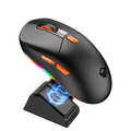 Black gaming mouse with RGB lighting and a charging dock on a white background