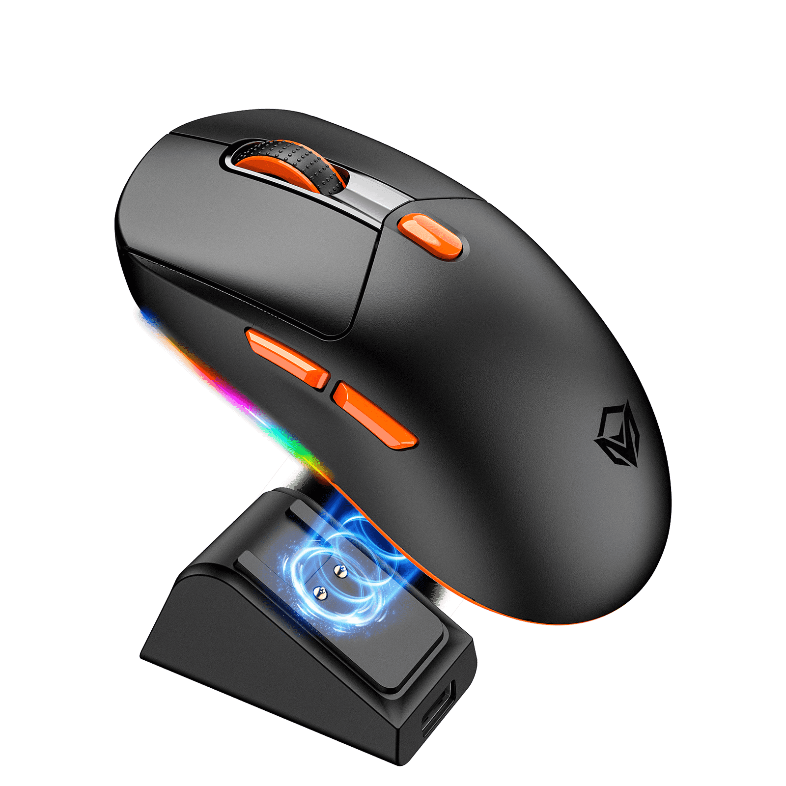 Black gaming mouse with RGB lighting and a charging dock on a white background