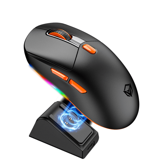 Black gaming mouse with RGB lighting and a charging dock on a white background