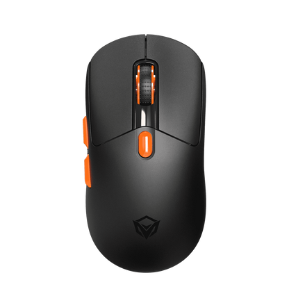 Black wireless gaming mouse with orange LED strip on the top