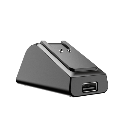 Black magnetic charging dock with USB port and metal charging contacts