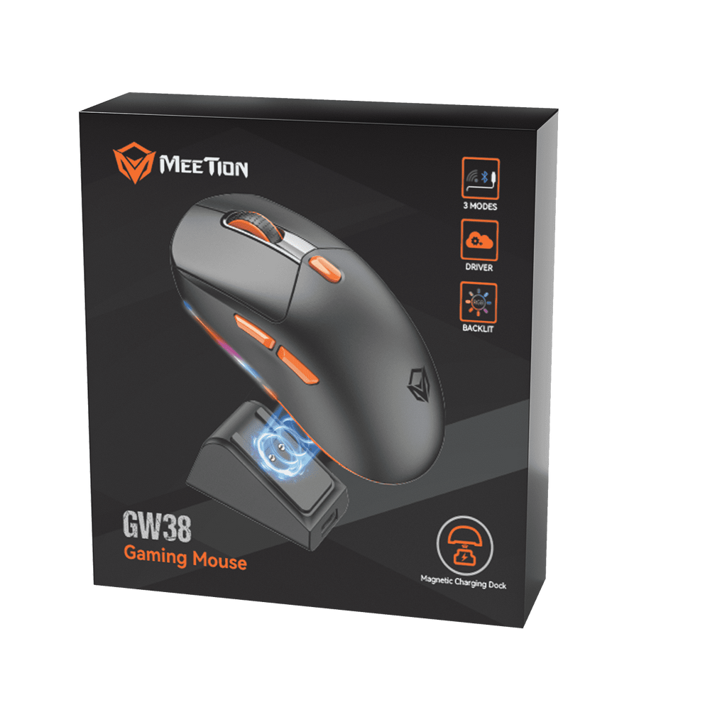Meetion Air GW38 3-Mode Wireless & Bluetooth Gaming Mouse – Pixart PAW3104 Sensor, Rechargeable with Charging Base