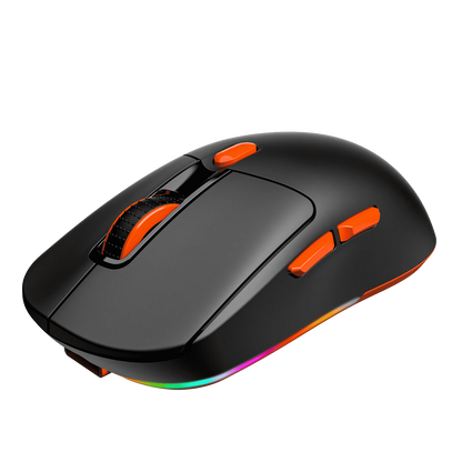 Black gaming mouse with textured side grips and orange top buttons