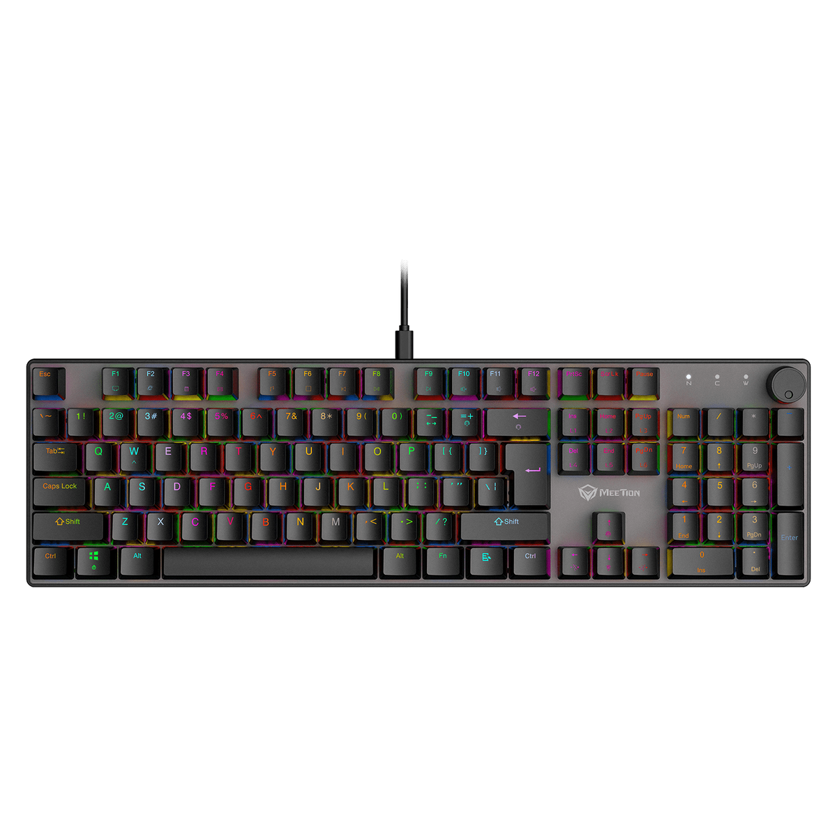 Black mechanical keyboard with RGB backlit keys and key legends, front view