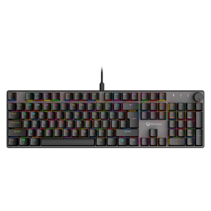 Black mechanical keyboard with RGB backlit keys and key legends, front view
