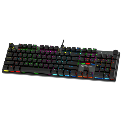 Black mechanical keyboard with vibrant RGB key backlighting, angled