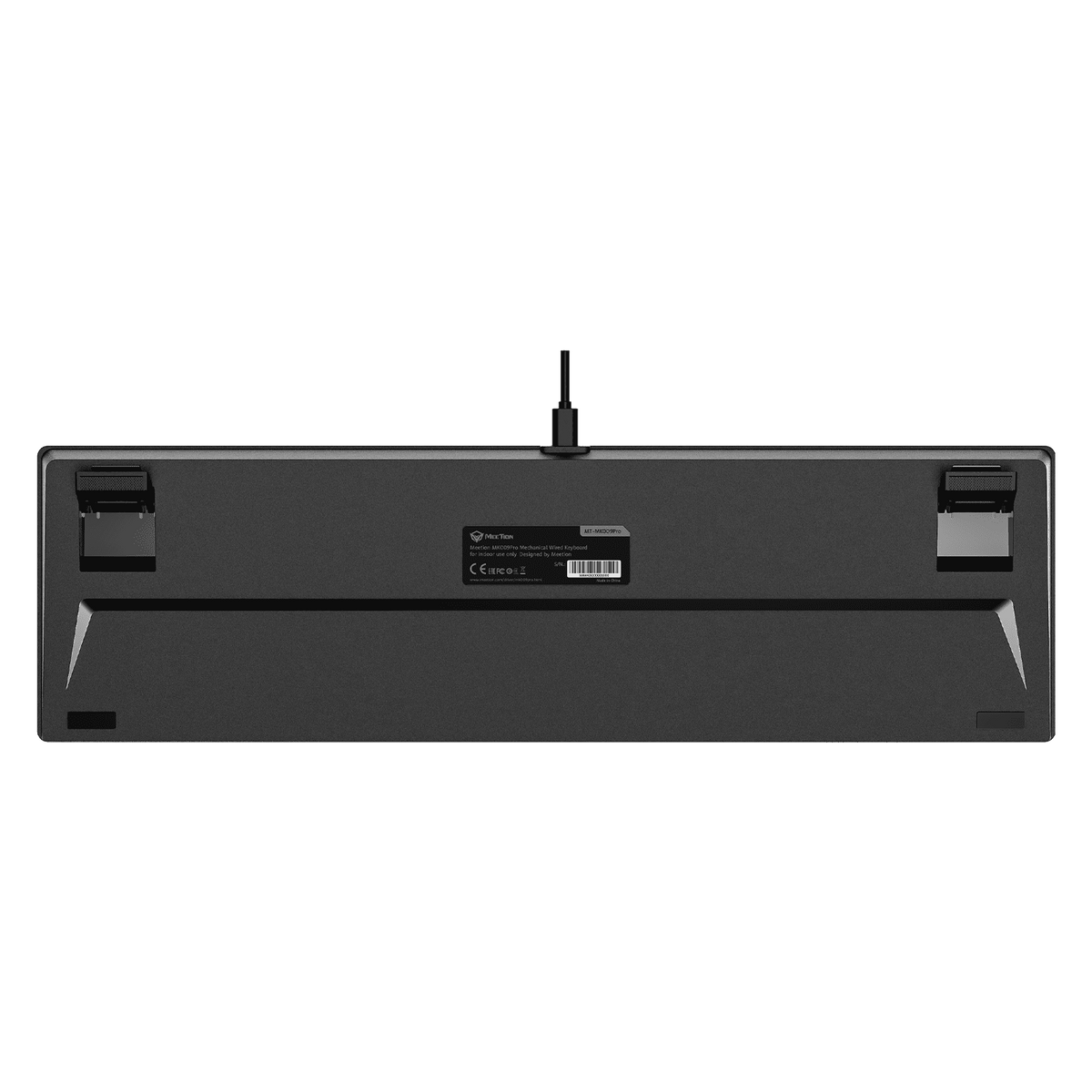 Black keyboard bottom view with support feet and center label