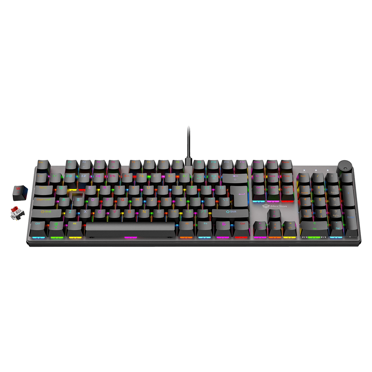 Black RGB mechanical keyboard with multicolor backlit keys, front-facing