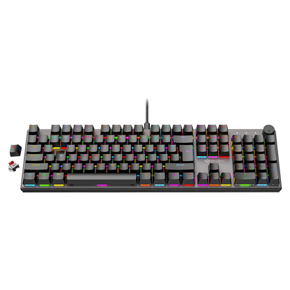 Black RGB mechanical keyboard with multicolor backlit keys, front-facing