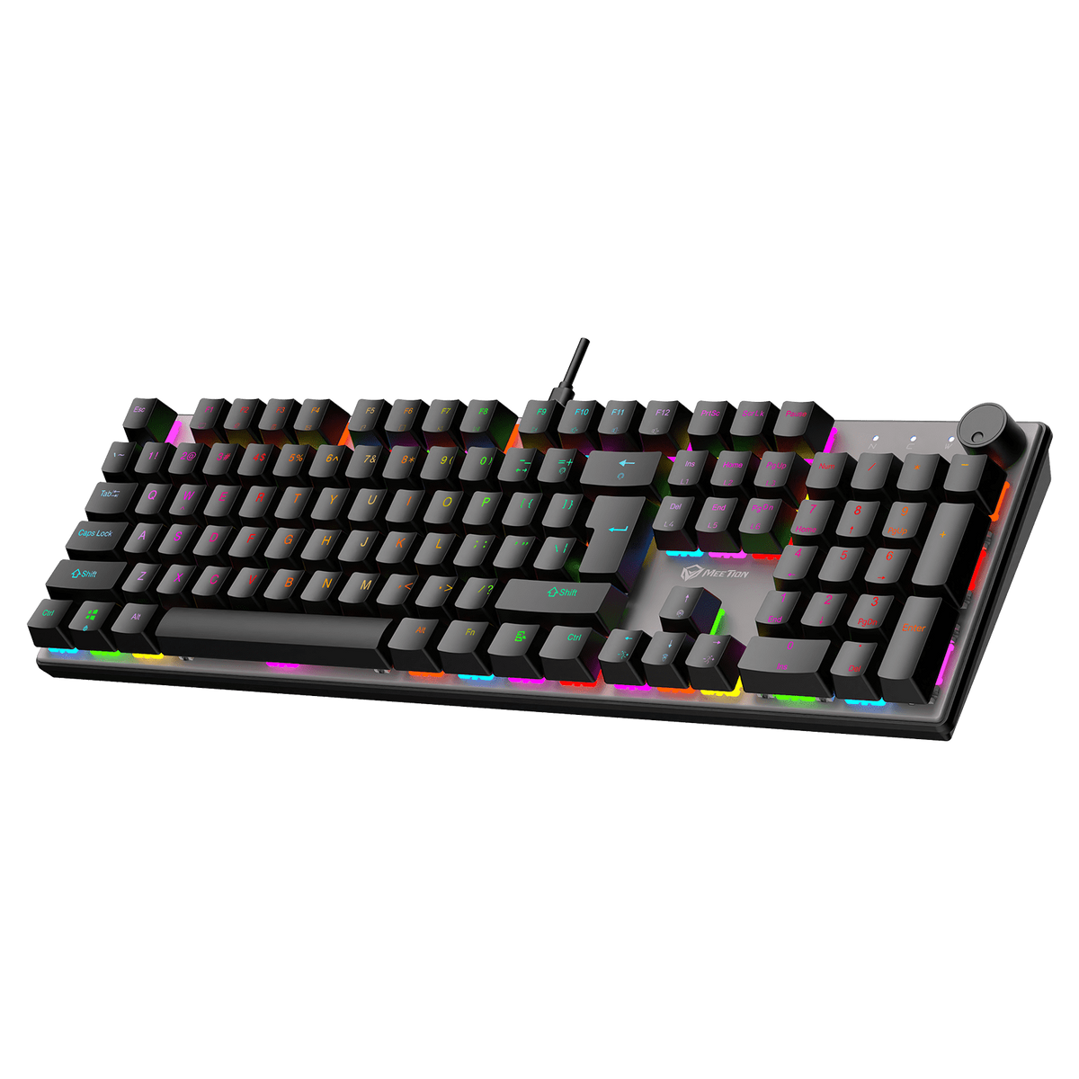 Black mechanical keyboard showing RGB backlit key rows