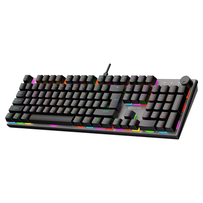Black mechanical keyboard showing RGB backlit key rows