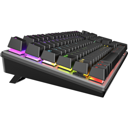 Black RGB mechanical keyboard with colorful keycaps and tilt stand