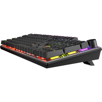 Black mechanical keyboard with RGB backlit keys, angled front view