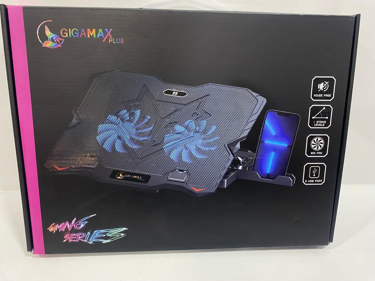 مبرد كمبيوتر محمول Gigamax GM-99 Plus بمروحتين حتى 15.6 بوصة - حامل جوال 