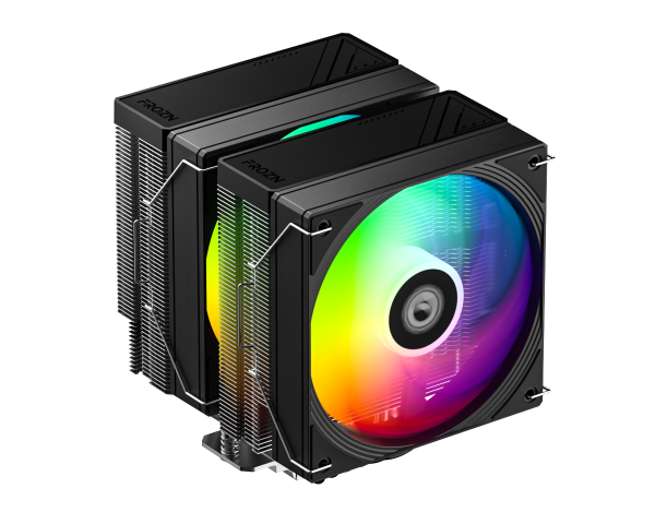 Computer cooling system with a colorful fan on a white background