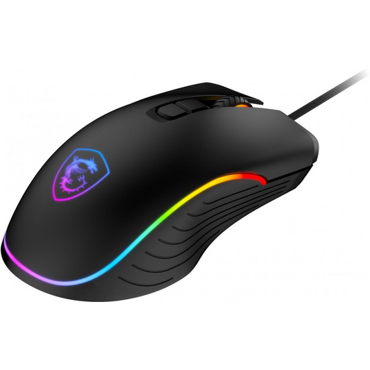Black gaming optical mouse with multicolor RGB light strip and textured side grips