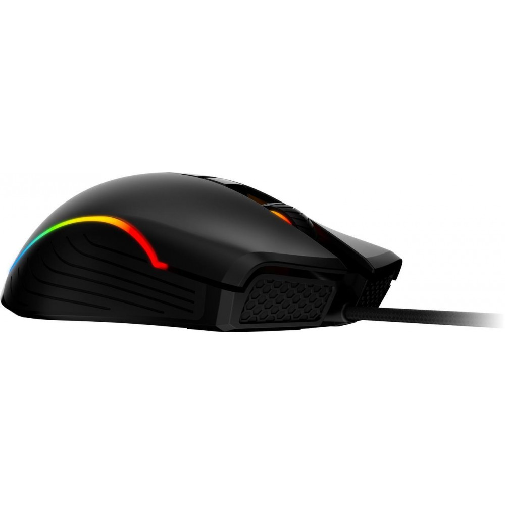 Black gaming optical mouse with RGB accent on top and textured rubber side panel