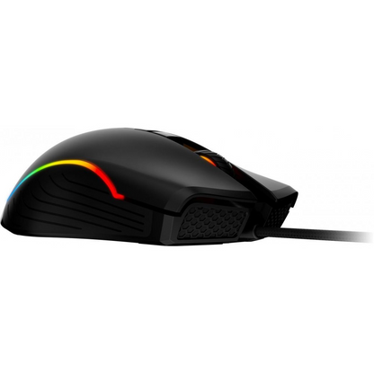 Black gaming optical mouse with RGB accent on top and textured rubber side panel