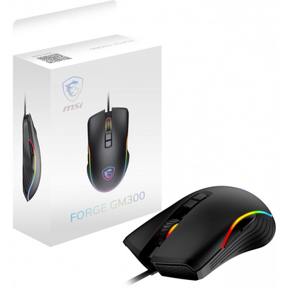 Black gaming optical mouse with RGB lighting, shown with retail box and angled view