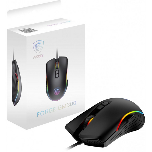 Black gaming optical mouse with RGB lighting, shown with retail box and angled view