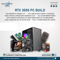 Promotional graphic for a custom RTX 3050 PC build, showing a desktop computer tower, graphics card, RAM sticks, CPU package, and motherboard on a white background with Arabic text and the Alarabiya Computer Shop branding.