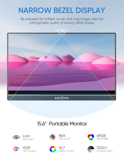 Arzopa A1T 15.6″ FHD 60Hz Portable Touch Monitor – IPS 178° Viewing, Mini‑HDMI + Dual USB‑C, 300 nits Brightness, Built‑in Kickstand & Speakers