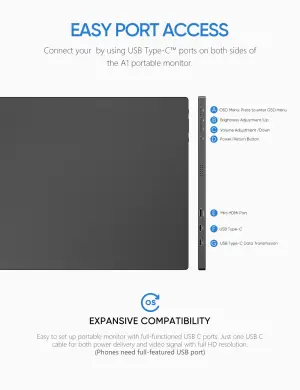 Arzopa A1T 15.6″ FHD 60Hz Portable Touch Monitor – IPS 178° Viewing, Mini‑HDMI + Dual USB‑C, 300 nits Brightness, Built‑in Kickstand & Speakers