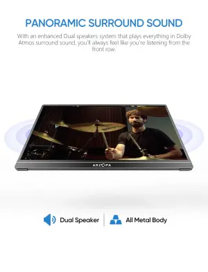 شاشة Arzopa S1Table المحمولة، مقاس 15.6 بوصة، عالية الدقة بالكامل، 60 هرتز، عرض IPS بزاوية 85 درجة، نطاق ألوان 72%، منفذ Mini-HDMI + منفذ USB-C مزدوج، سطوع 300 شمعة، حامل مدمج ومكبرات صوت