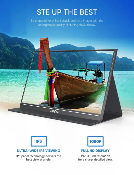 Arzopa S1Table 15.6″ FHD 60Hz Portable Monitor – IPS 85° Viewing, 72% Color Gamut, Mini‑HDMI + Dual USB‑C, 300 nits Brightness, Built‑in Kickstand & Speakers