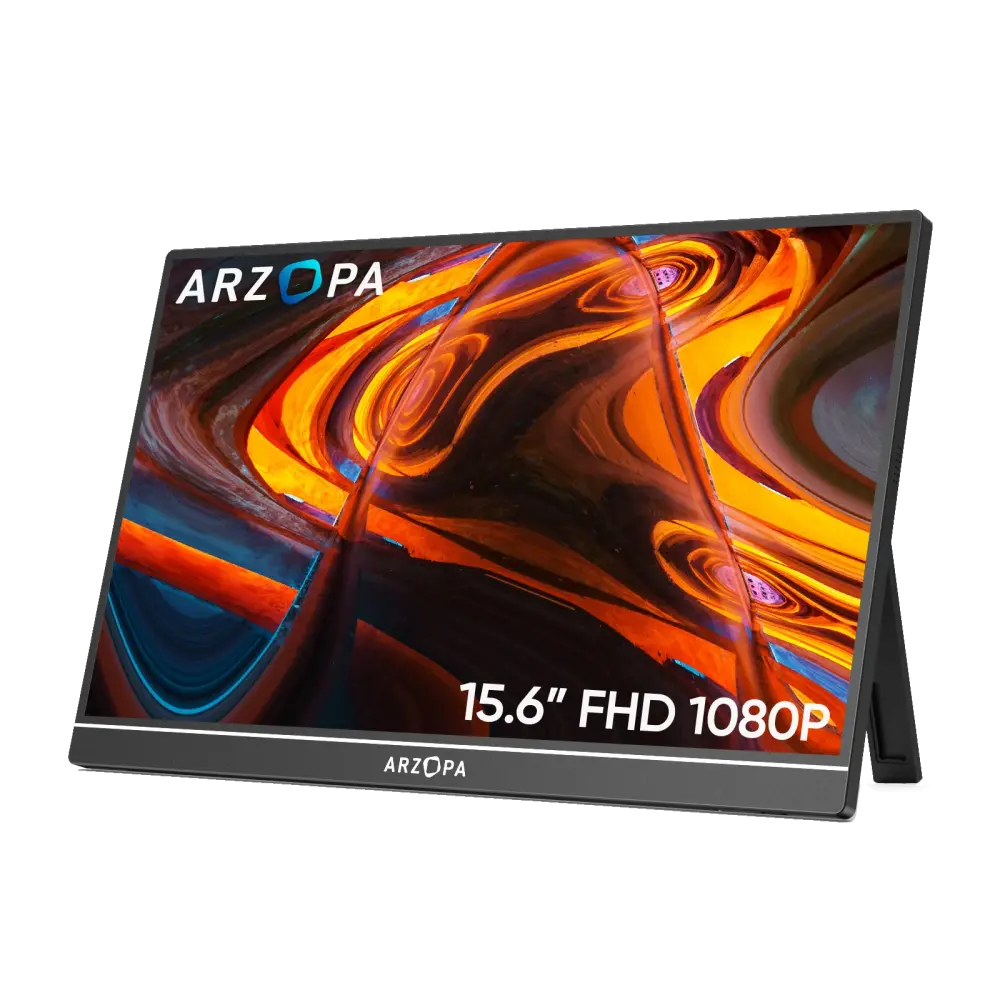 Arzopa A1T 15.6″ FHD 60Hz Portable Touch Monitor – IPS 178° Viewing, Mini‑HDMI + Dual USB‑C, 300 nits Brightness, Built‑in Kickstand & Speakers