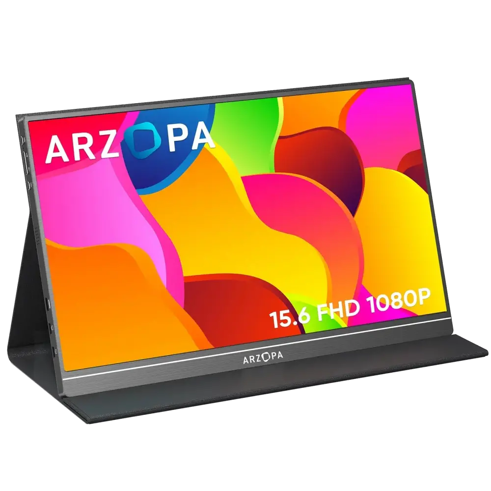 شاشة Arzopa S1Table المحمولة، مقاس 15.6 بوصة، عالية الدقة بالكامل، 60 هرتز، عرض IPS بزاوية 85 درجة، نطاق ألوان 72%، منفذ Mini-HDMI + منفذ USB-C مزدوج، سطوع 300 شمعة، حامل مدمج ومكبرات صوت