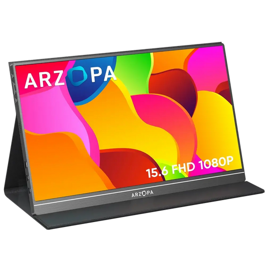 Arzopa S1Table 15.6″ FHD 60Hz Portable Monitor – IPS 85° Viewing, 72% Color Gamut, Mini‑HDMI + Dual USB‑C, 300 nits Brightness, Built‑in Kickstand & Speakers