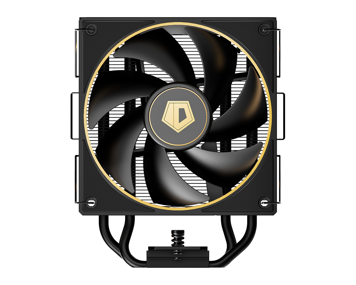 ID-COOLING dual-fan CPU cooler with circular fan blades and gold-trim ring