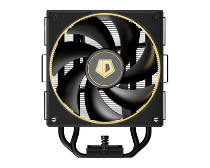 ID-COOLING dual-fan CPU cooler with circular fan blades and gold-trim ring