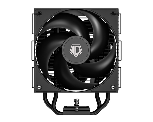 Black dual-fan CPU air cooler showing two circular fan blades and heatsink fins