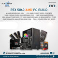 Promotional graphic for an RTX 5060 AMD PC build bundle, showing multiple computer components including an MSI B550M PRO-VDH motherboard, Ryzen 5 6600 CPU, Corsair DDR4 CL16 RAM, Lexar RAM, Gigabyte RTX 5060 graphics card, Xigmatek AMUN 3 FAN ARGB PWM cooler, and an X-Power PSU. The image includes Arabic text detailing the bundle specifications, and contact information for Alarabiya Computer.