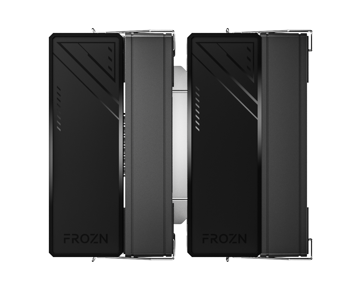 Dual-tower CPU cooler with black fin shrouds and FROZN lettering on covers