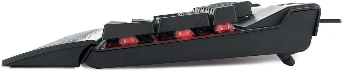 Mechanical gaming keyboard with RGB backlit keys, angled side view, black body