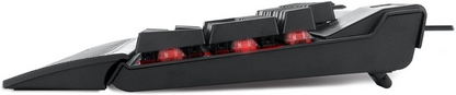 Mechanical gaming keyboard with RGB backlit keys, angled side view, black body