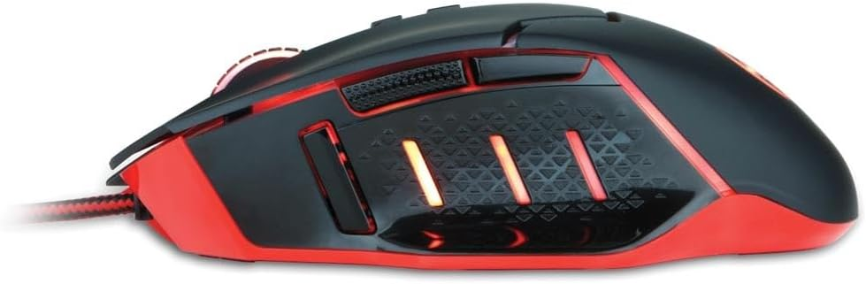 Red and black gaming mouse with side panel and glowing number display