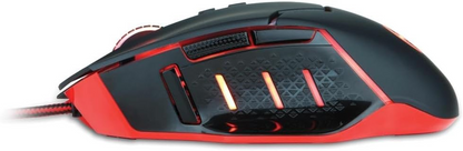 Red and black gaming mouse with side panel and glowing number display