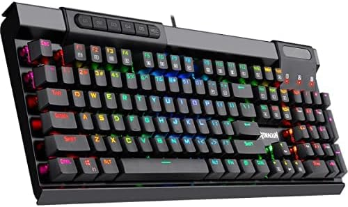 Mechanical gaming keyboard showing multi-color RGB keys and function area, black