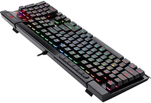 Mechanical gaming keyboard with rainbow RGB backlit keys on angled stand, black