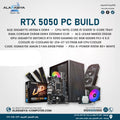 Promotional graphic for an RTX 5050 PC build bundle by Alarabiya Computer Shop, showing a desktop PC tower, graphics cards, CPU cooler, and motherboard with text listing components and price in EGP.