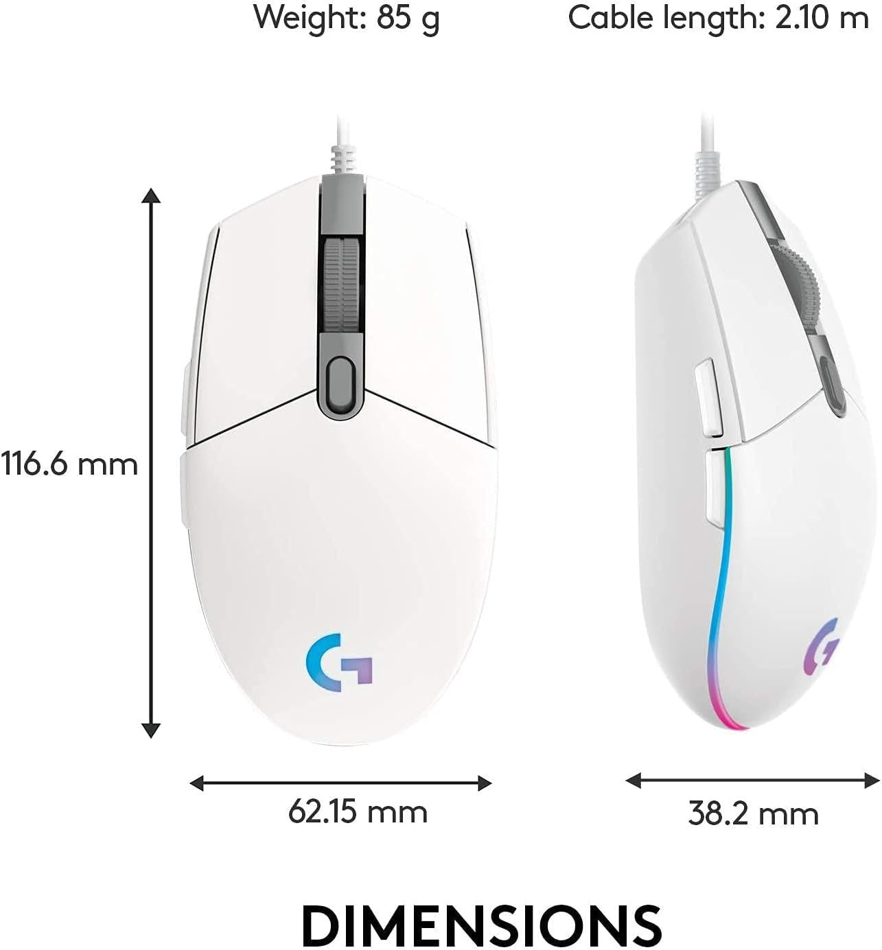 Logitech G102 USB Lightsync Gaming Mouse with Customizable RGB Lighting-white